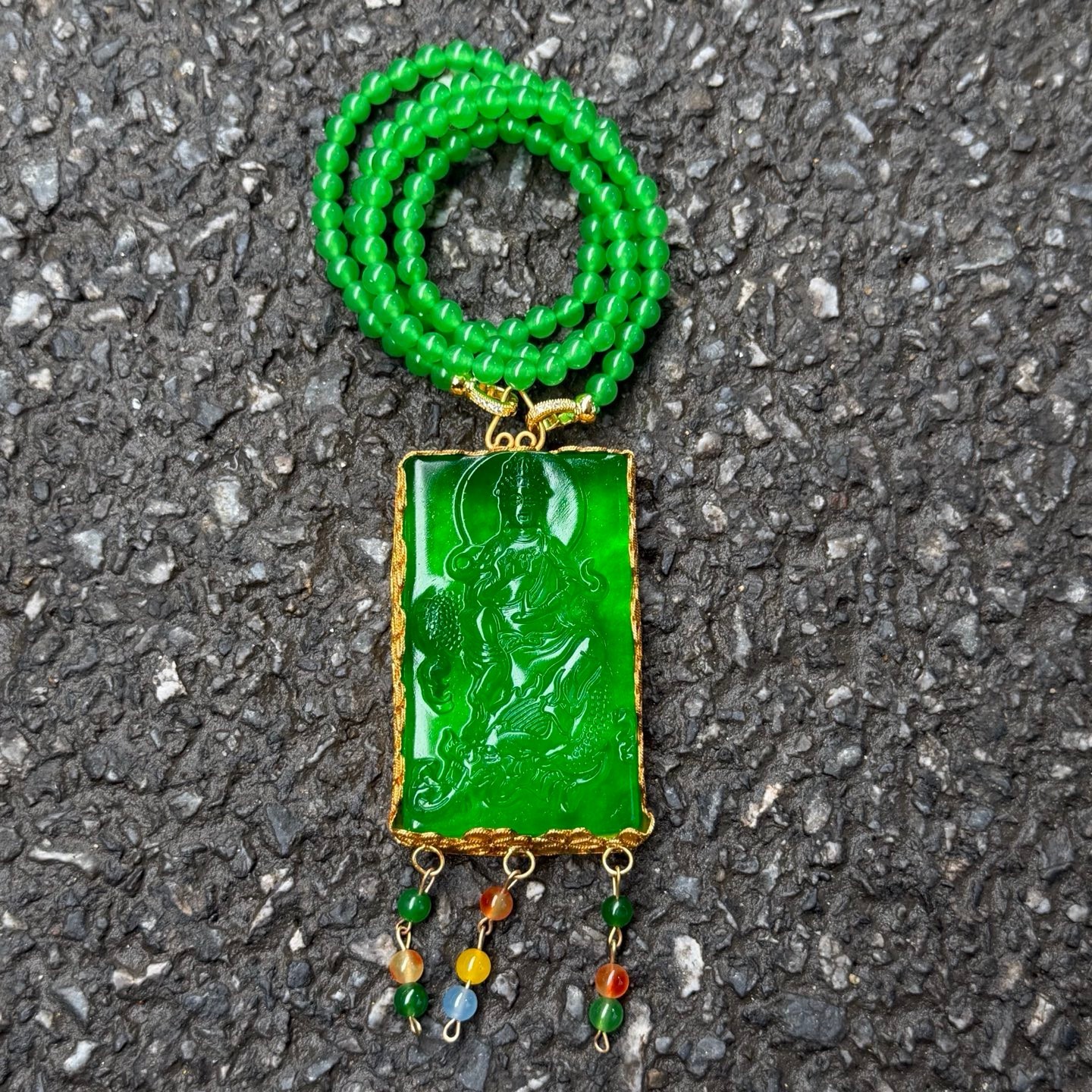 Natural ice inlay Green Jade Jadeite Dragon Kwanyin Pendant&Necklace 鎏金乘龙观音