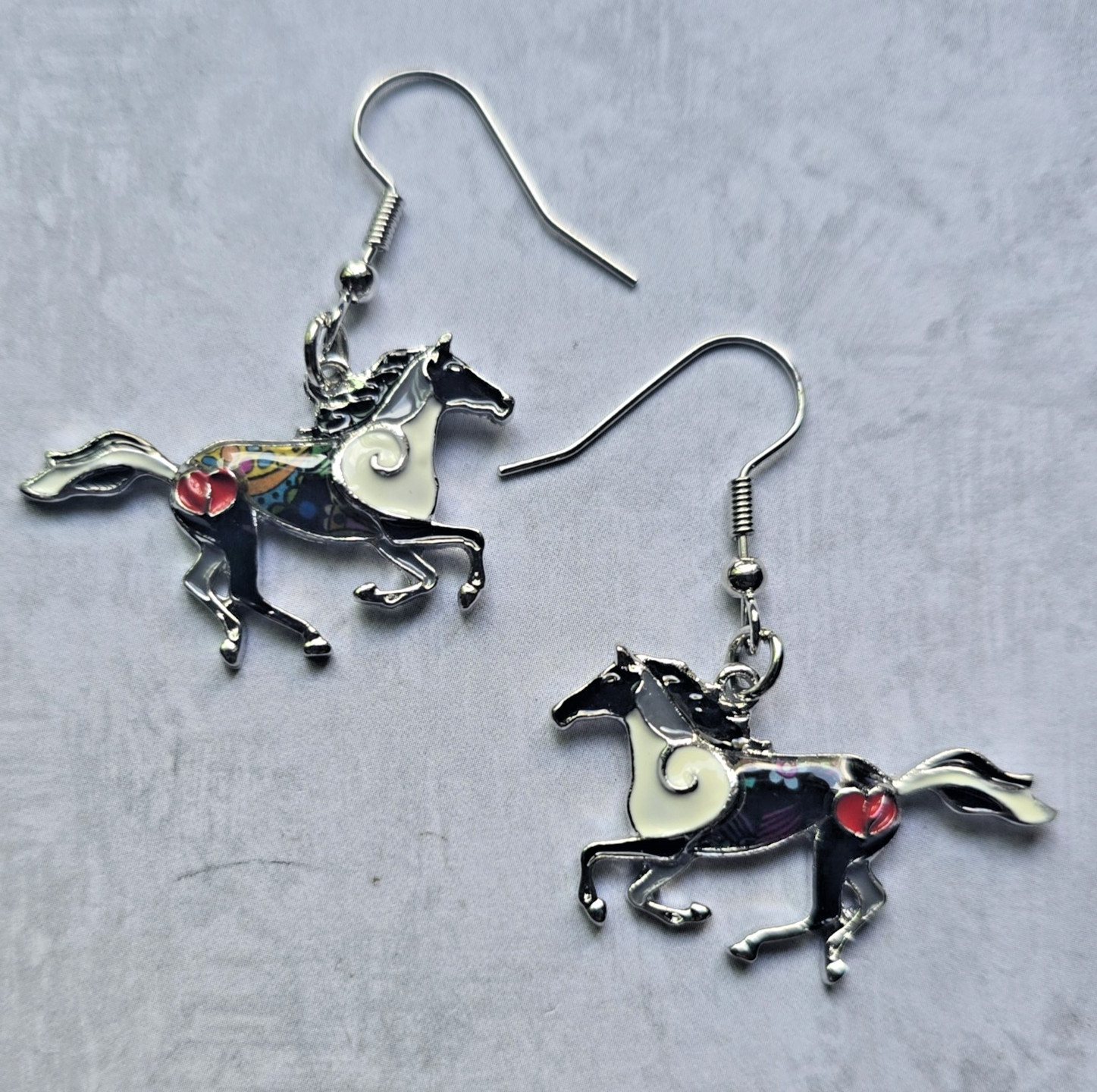 Horse Earrings Dangle Black, white, gray silver-tone. Equestrian gift, Western