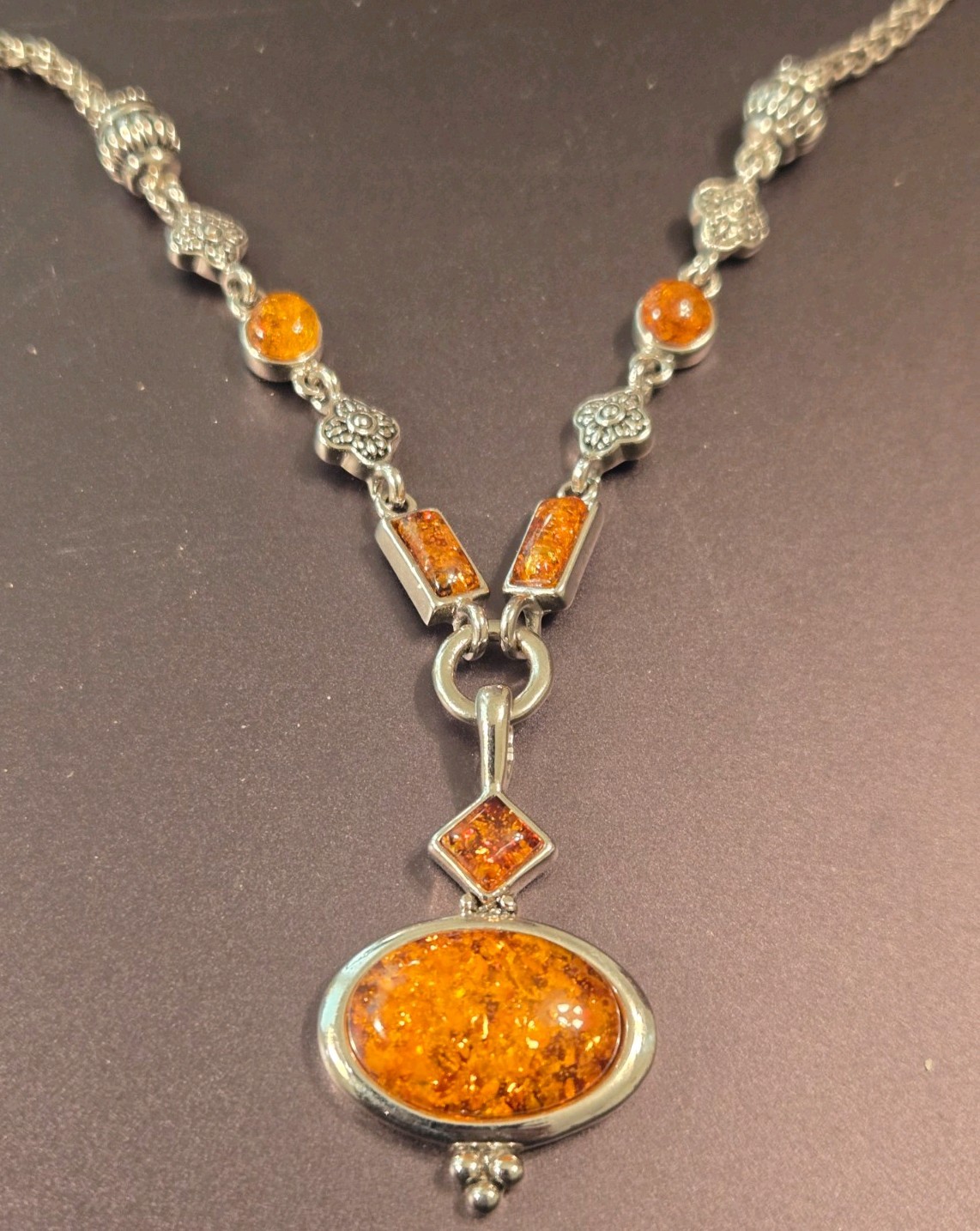 Premiere Design Y Drop Heavy Silvertone Chain/Synthetic Amber Statement Necklace