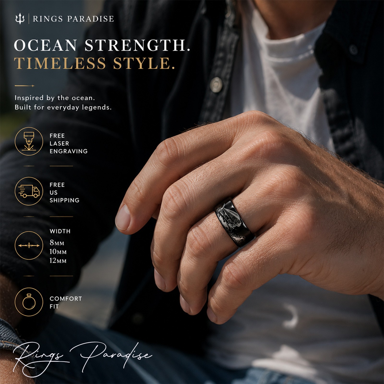 Mahi Mahi Ring | Black Tungsten Wedding Band Fishing Ring – 8mm,10mm,12mm
