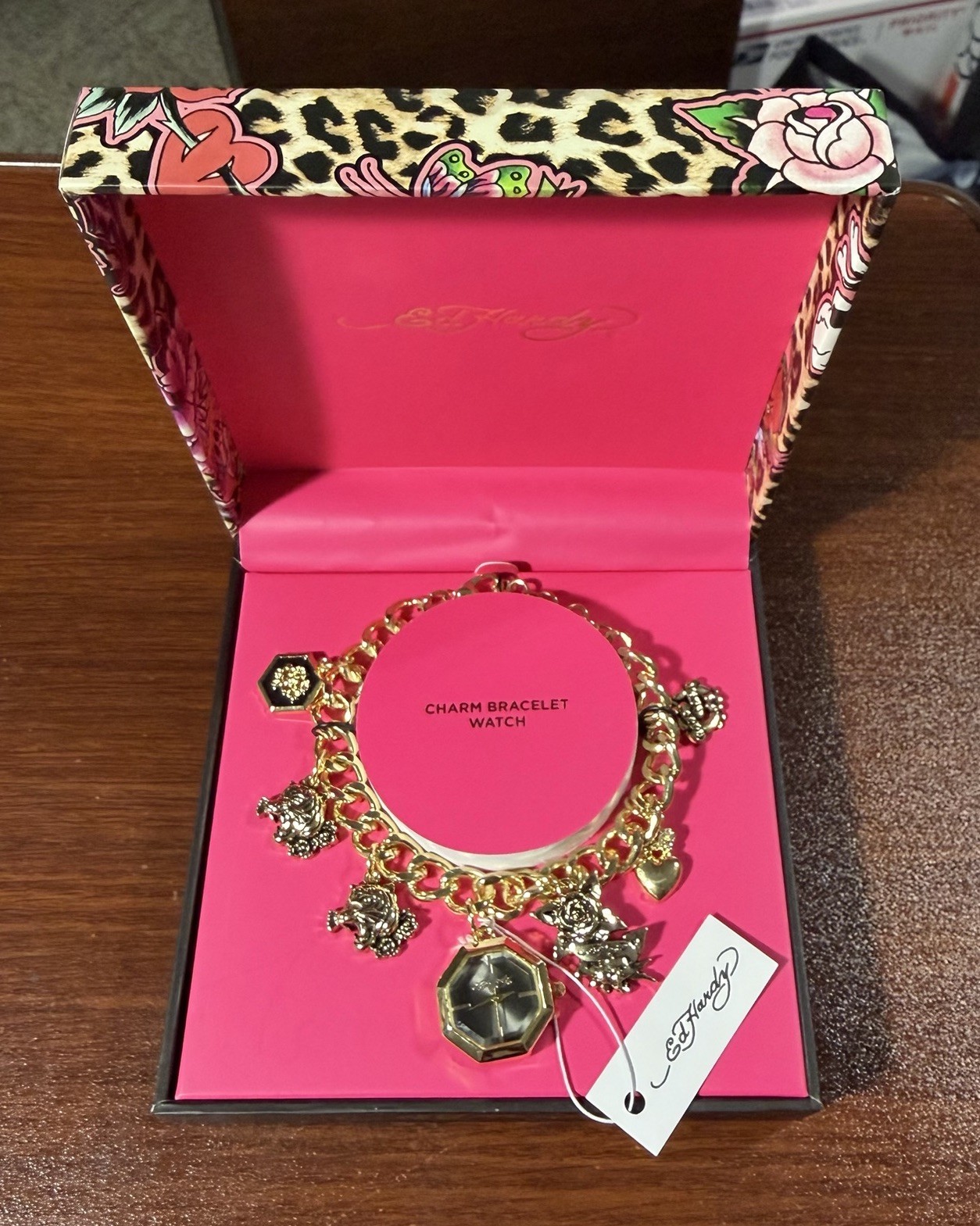 Ed Hardy Women’s Gold Charm All Tattoo Design Bracelet Octagon Watch NWT