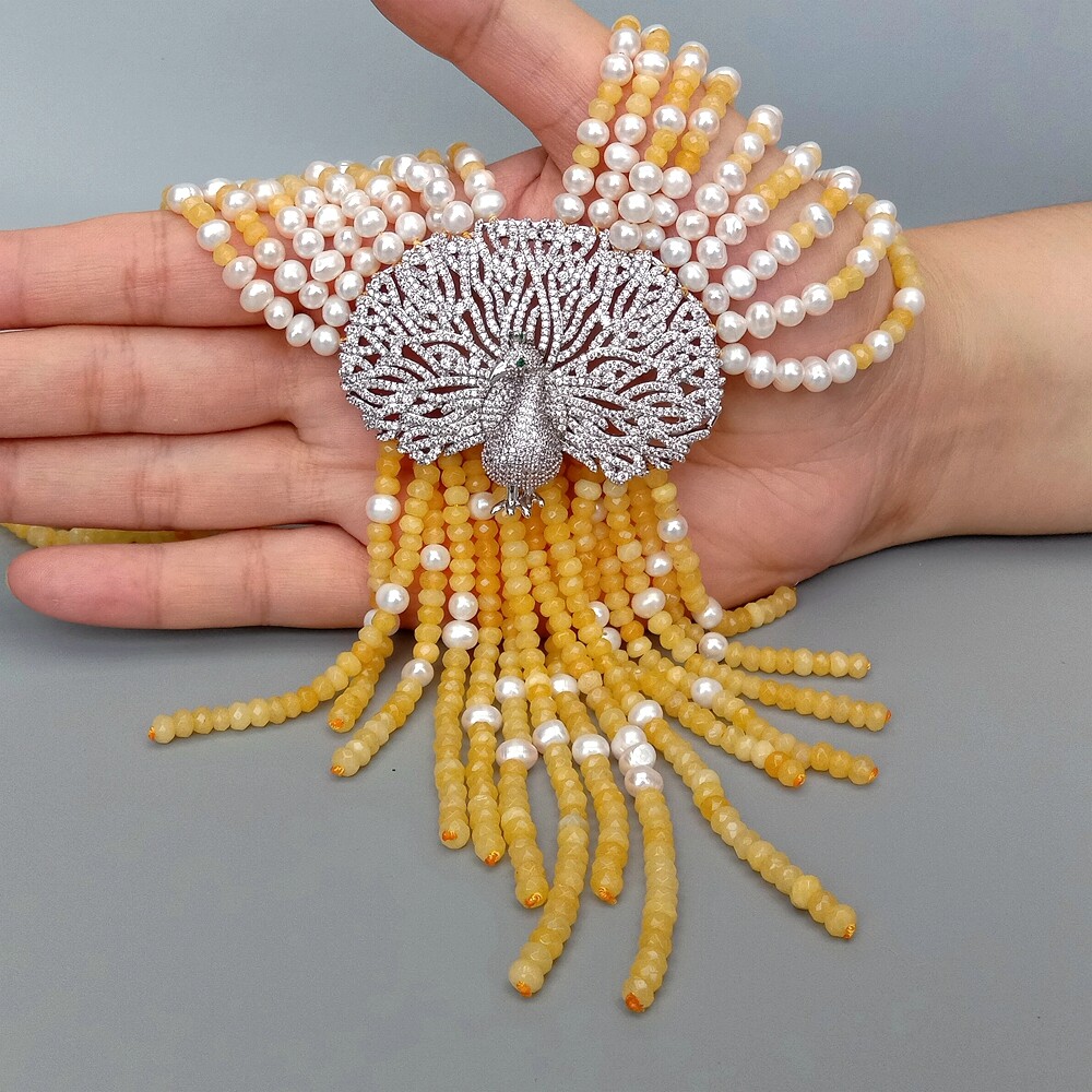 9 Strands Yellow Jade White Pearl Necklace CZ Pave Peacock Pendant19.5″