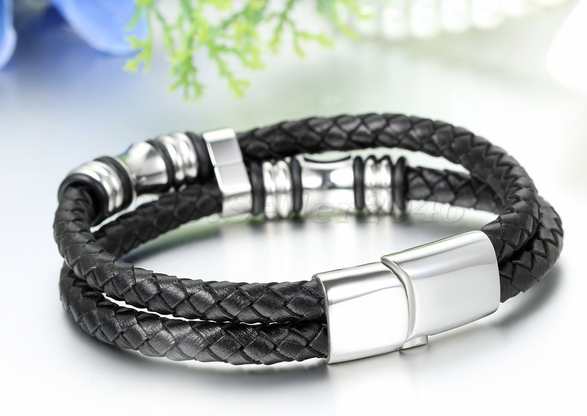 Men Boys Stainless Steel Magnetic Bracelet Leather Braided Wristband 8″,8.5″,9″