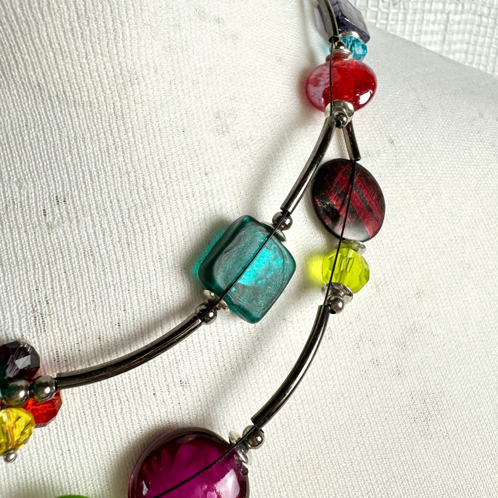 Ikita Glass Bead Necklace Two Strand Disc Stations Black Tone Metal Colorful