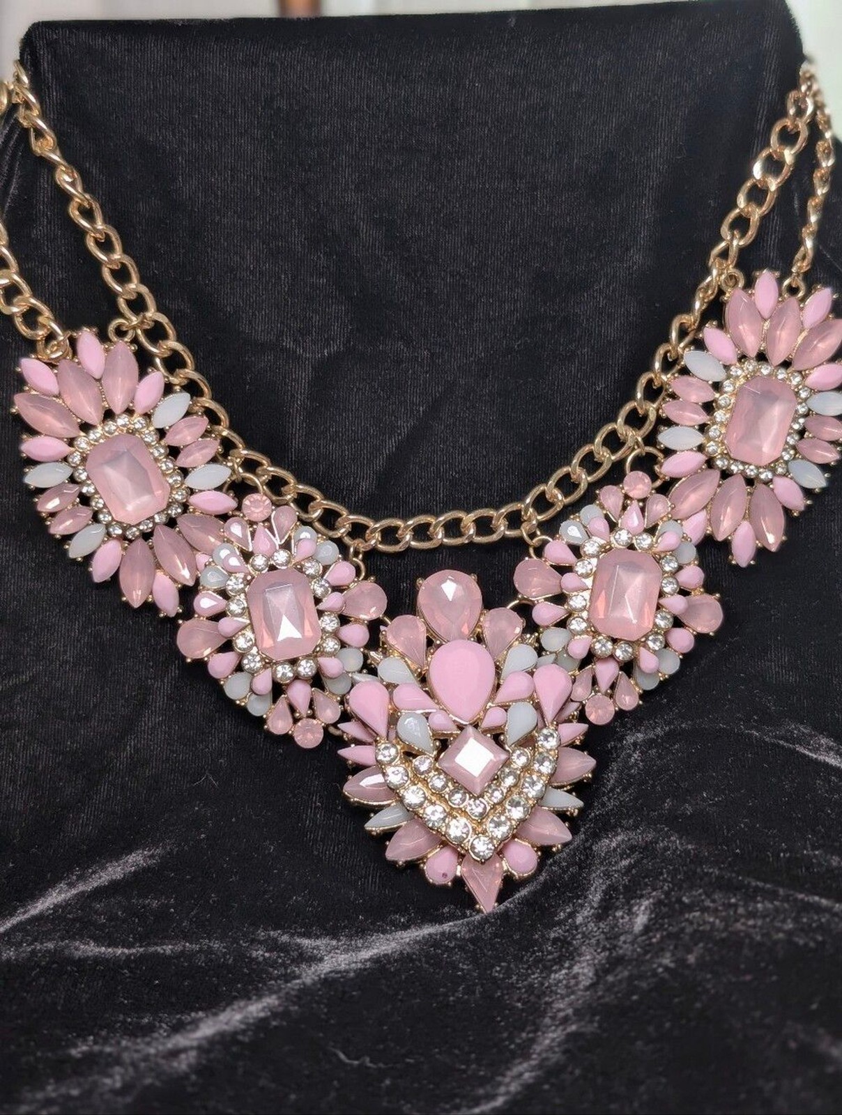 Pastel Rhinestone Statement Bib Necklace Romantic Coquette Glam Gold Feminine