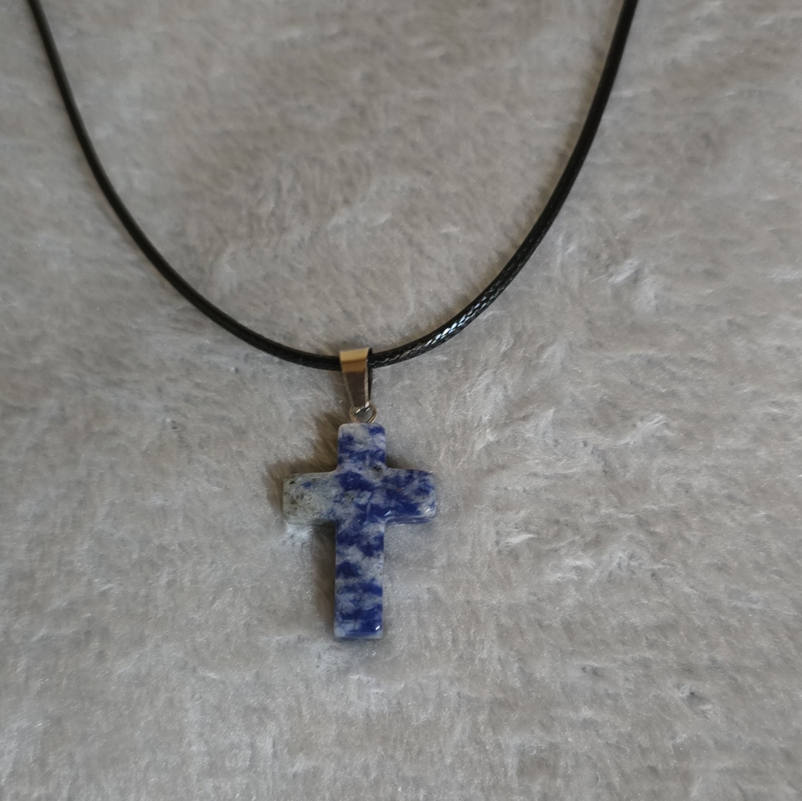 Blue & White Sodalite Stone Cross Charm Pendant Necklace on Black Cord, 18 in