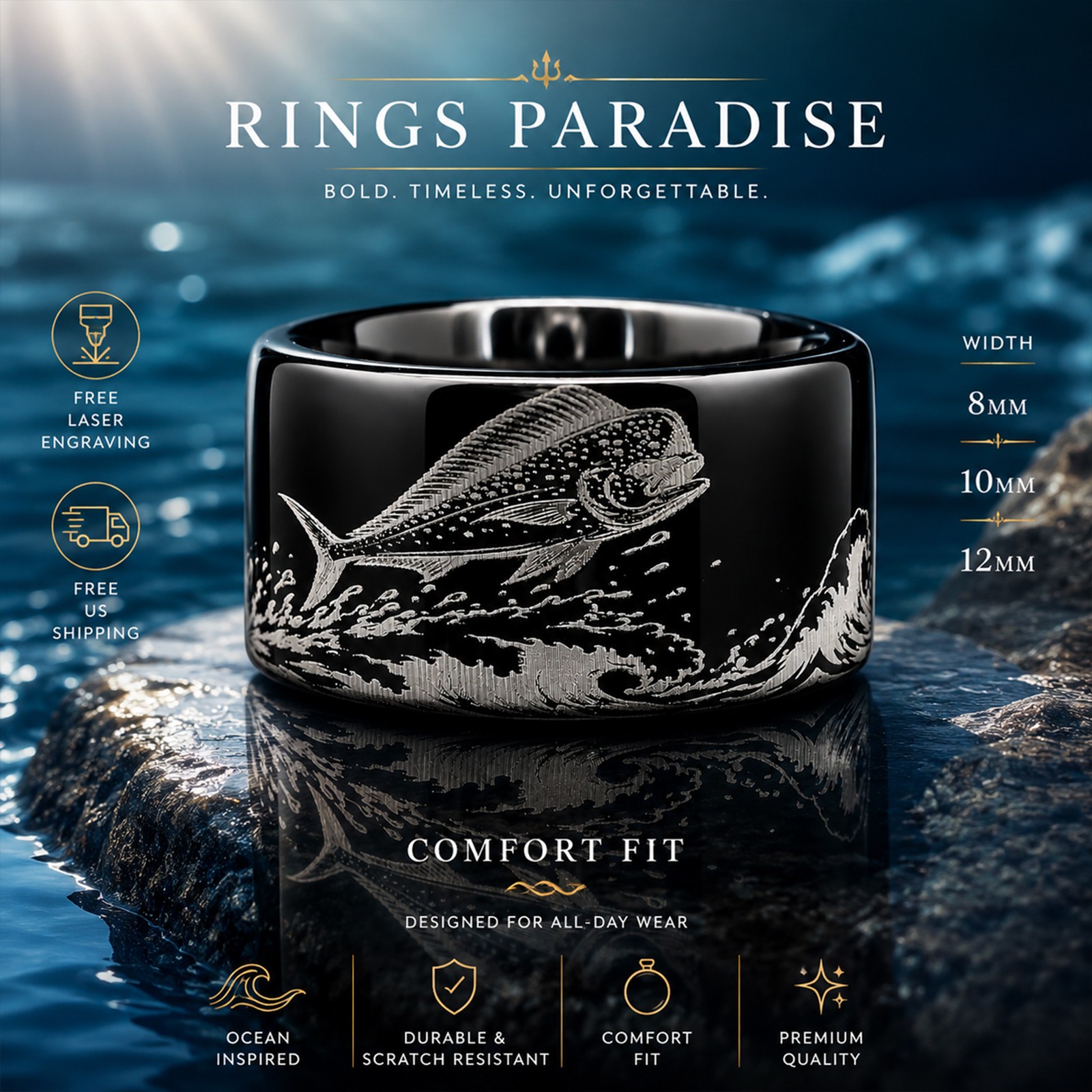 Mahi Mahi Ring | Black Tungsten Wedding Band Fishing Ring – 8mm,10mm,12mm