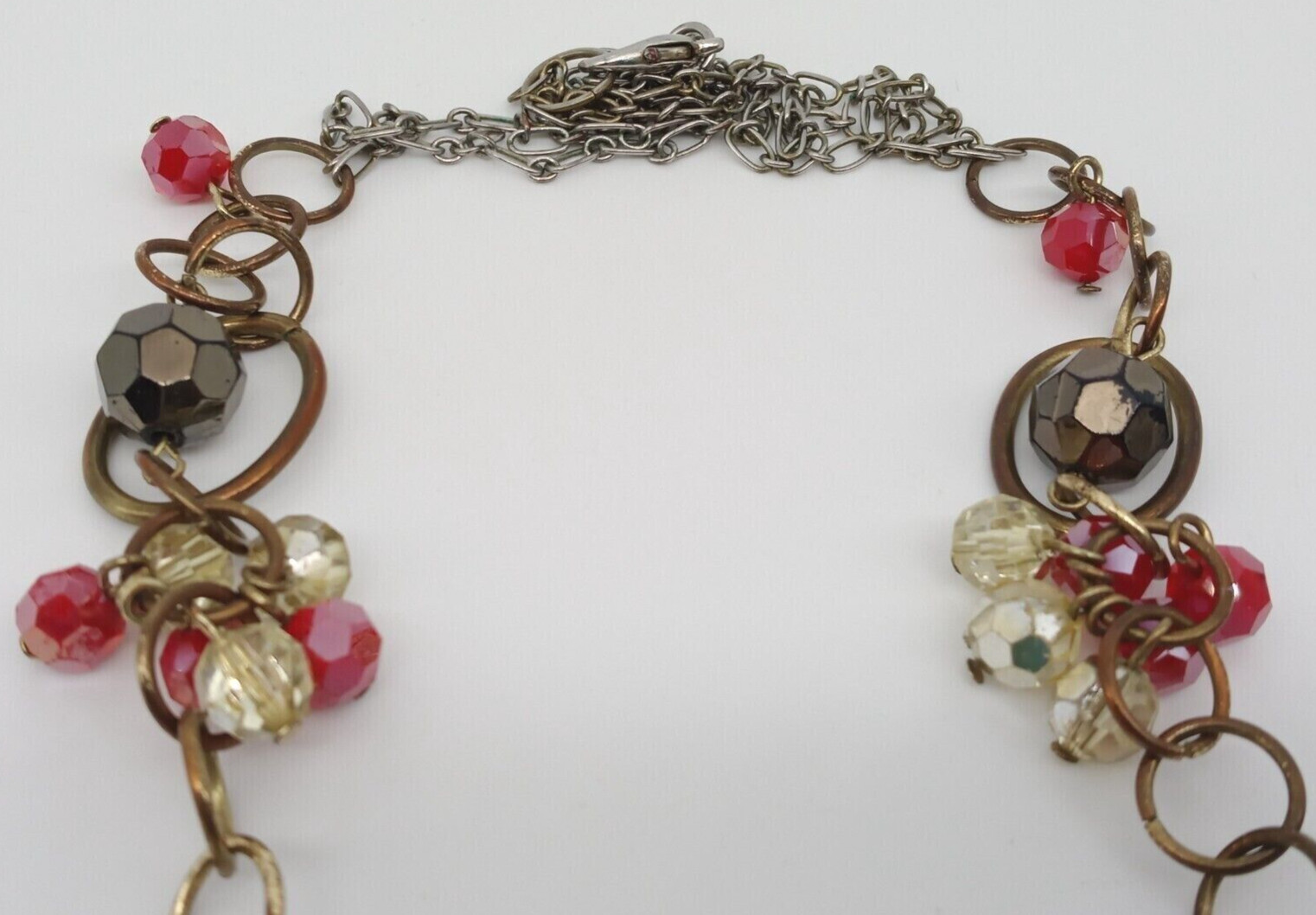 Ruby Red Beaded Necklace Faceted Gold Metal Rings Chain Single Strand Sparkly!
