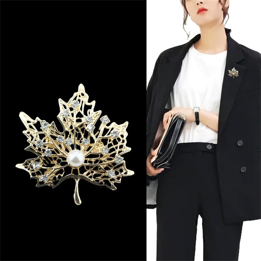 Fashion Maple Leaves Crystal Brooch for Women Men Pearl Gold-Tone Plated Leaf…