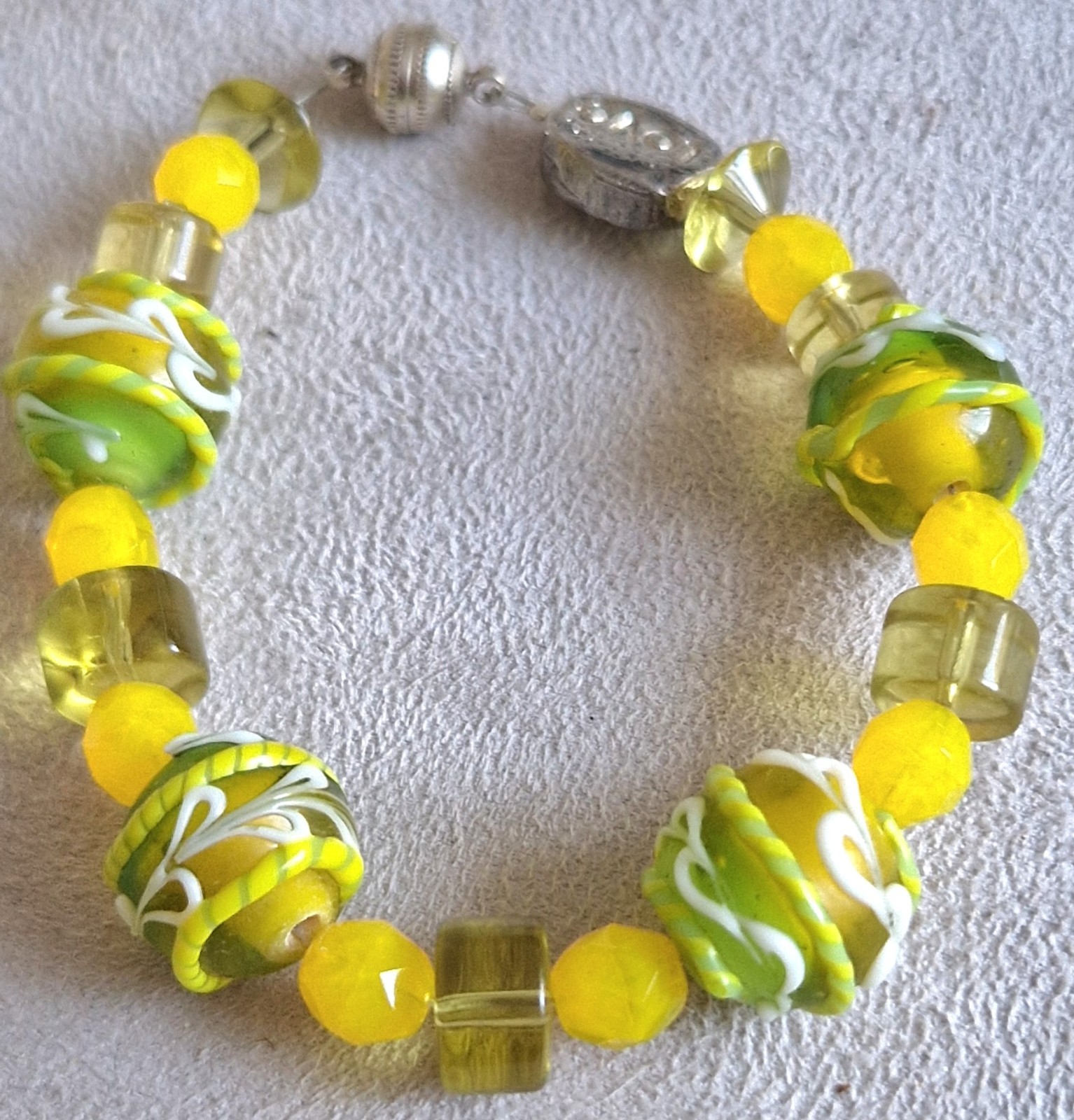 Yellow Green White Glass Round Beaded Charm Bracelet • Magnetic • Stackable