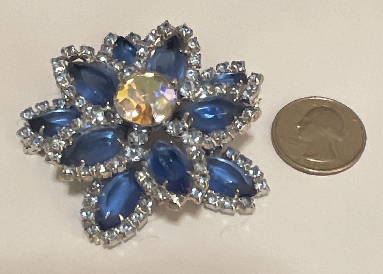 Blue Rhinestone Flower Brooch Pin Silver Tone Prong Set Marquise Stones