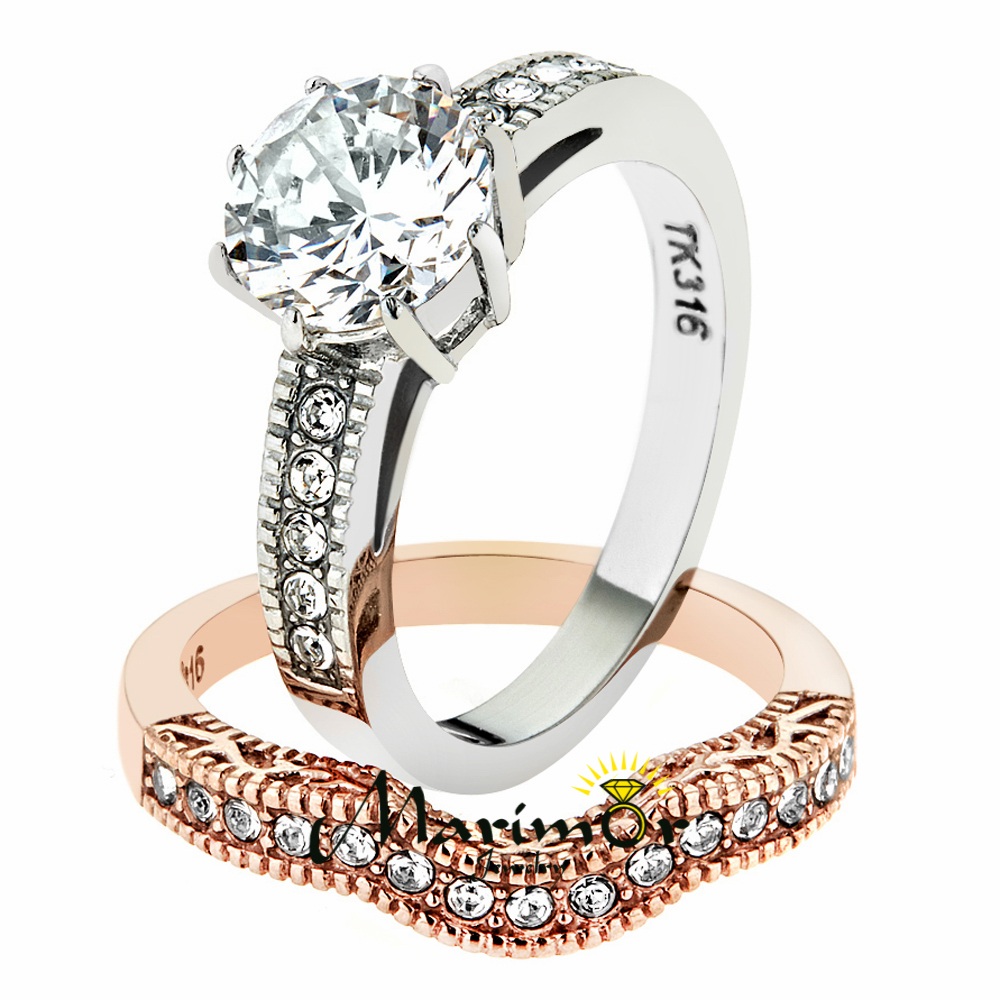 2.80 Ct Round Cut Zirconia Rose Gold IP Stainless Steel Wedding Ring Set Sz 5-11