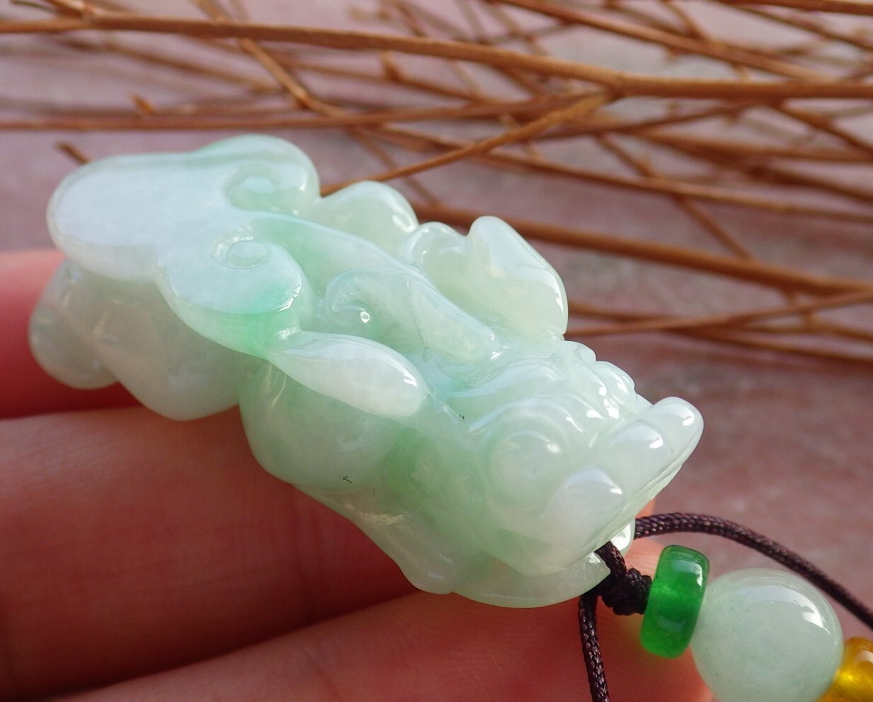 Certified Green Burma Grade A JADE Jadeite pendant Dragon Pi Xiu 风水貔貅 582039 AS