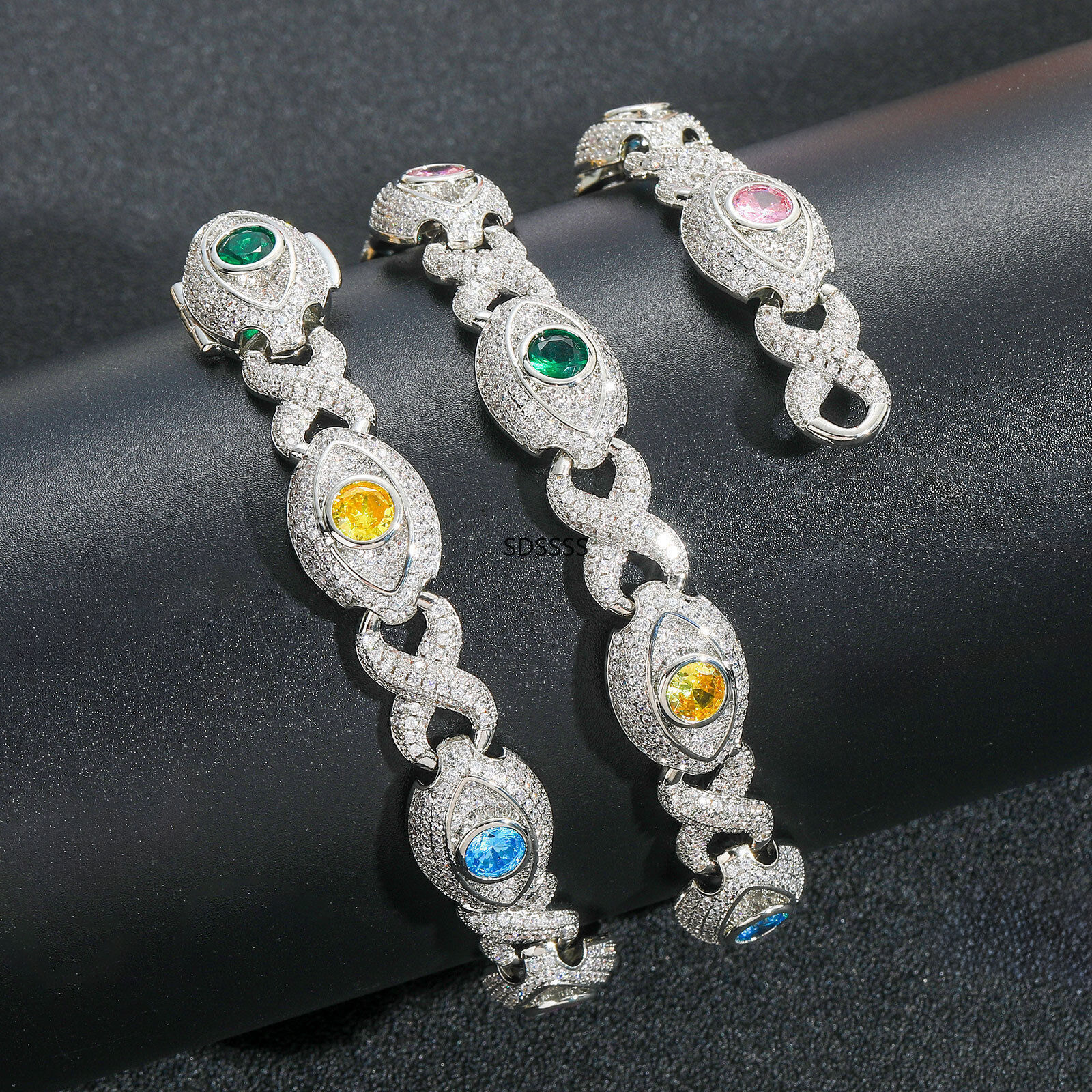 Cuban Chain Necklace Bracelets Zircon Mens Jewelry Hip Hop Colorful Eye