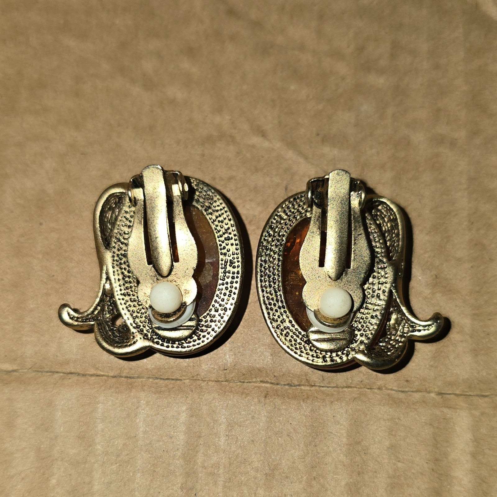 Silver Tone Clip-On Stud Earrings Oval Brown Amber Cabochon Bezel Pair