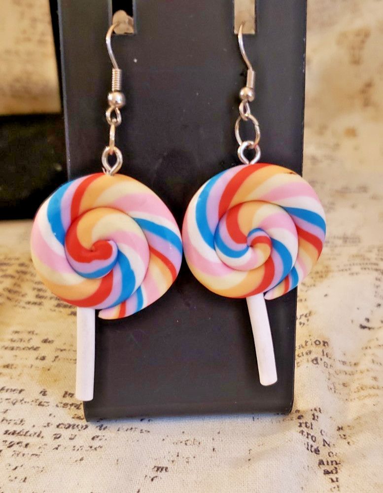 Y2K, Quirky, Whimsical, Dangling Small Lollipop Earrings – Rainbow Swirls