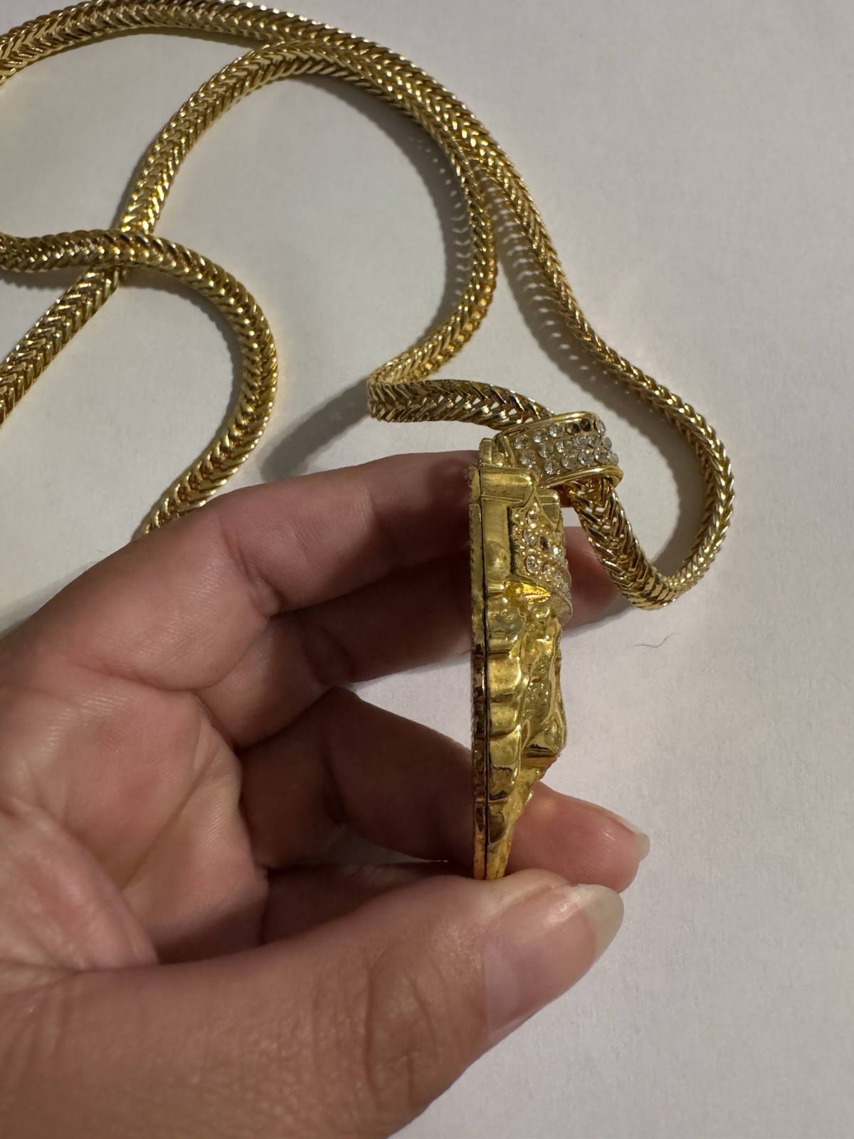 Gold Plated Cuban Link Chain Necklace Lion Head Crown Charm Pavé Rhinestone