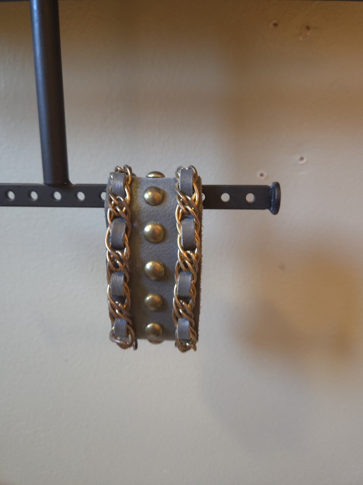 Gray Faux Leather Cuff Bracelet Gold Chain Studded Wide Wrap Snap Closure Boho