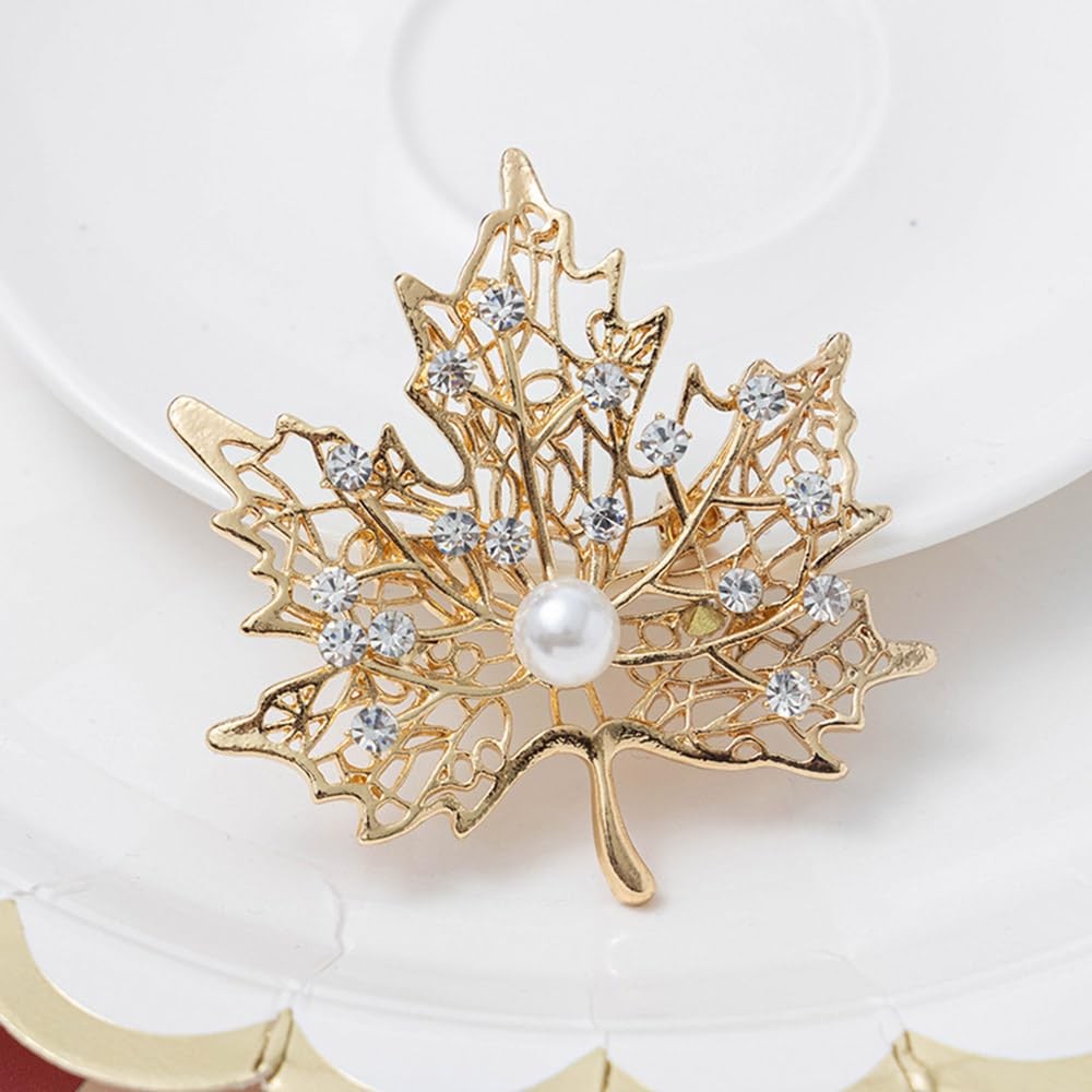 Fashion Maple Leaves Crystal Brooch for Women Men Pearl Gold-Tone Plated Leaf…