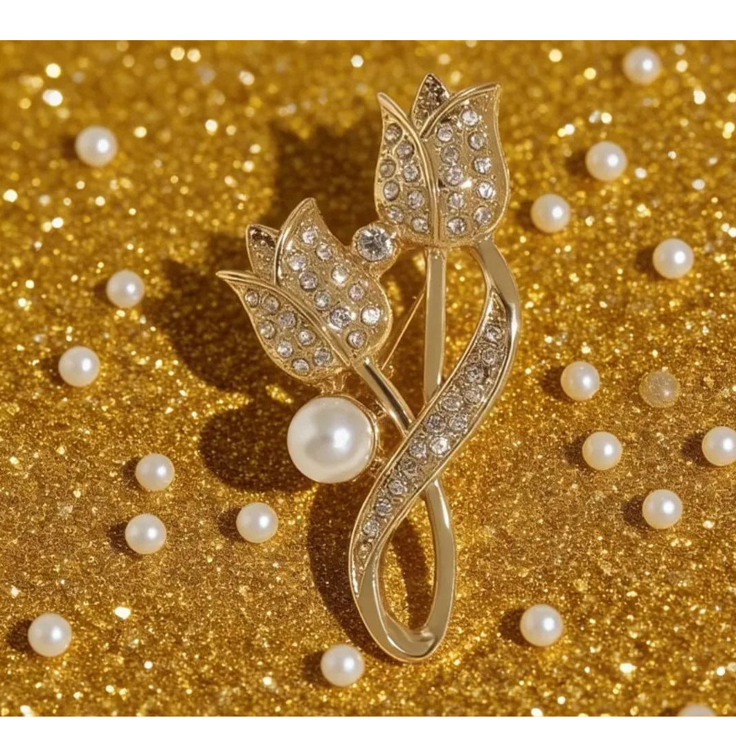 Tulip Flower Brooch Pin, Gold Tone Metal, Rhinestone, Imitation Pearl, 5.5cm