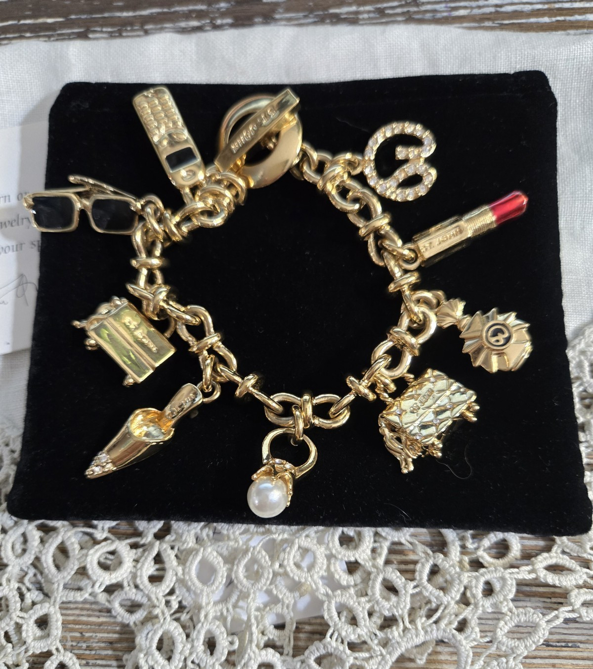 Vintage St John Charm Bracelet Crystal gold Logo Crystal Couture 9 Charm