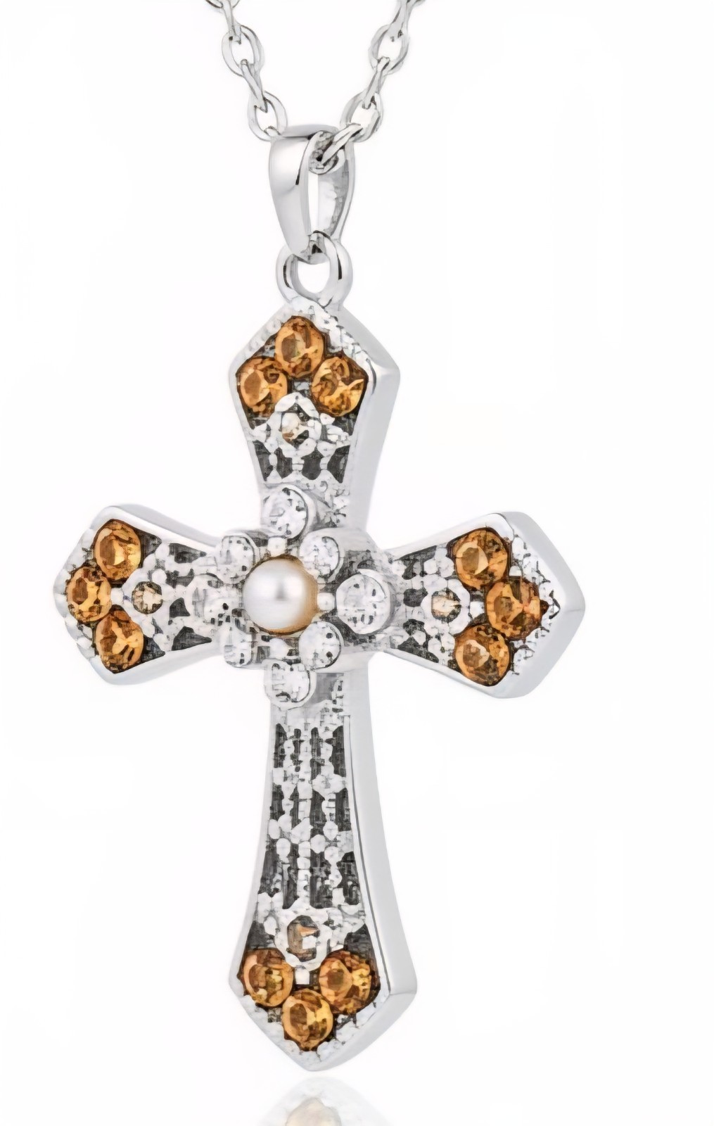 Silver Plated Cross Charm Pendant Necklace Cable Chain Pearl Crystal 19-24in