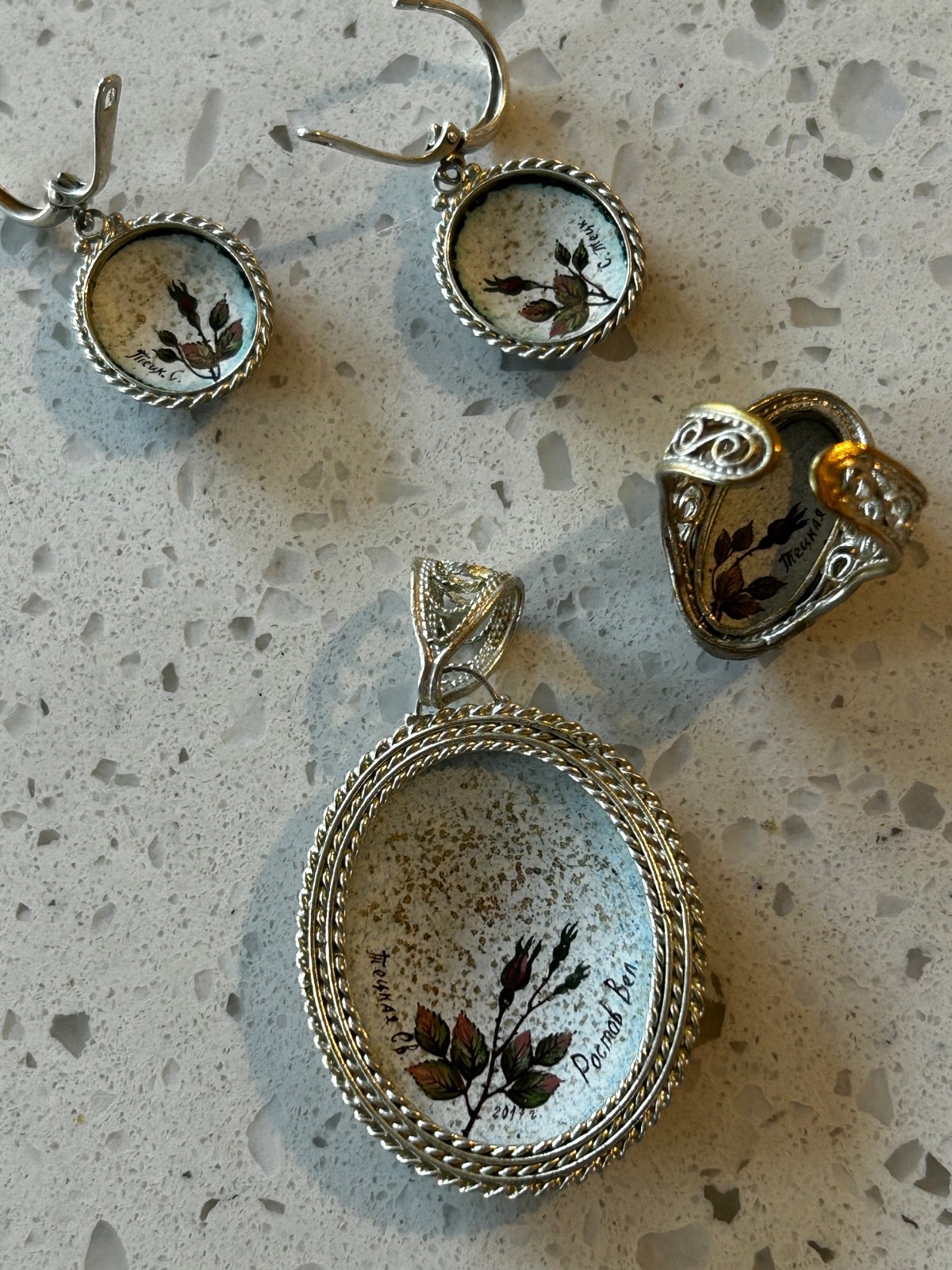 Pink Rose earrings ring pendant set Russian Finift hand painted jewelry