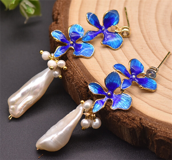 Natural Fresh Water Baroque Pearl Cloisonne Flowers Dangle Drop Earrings women