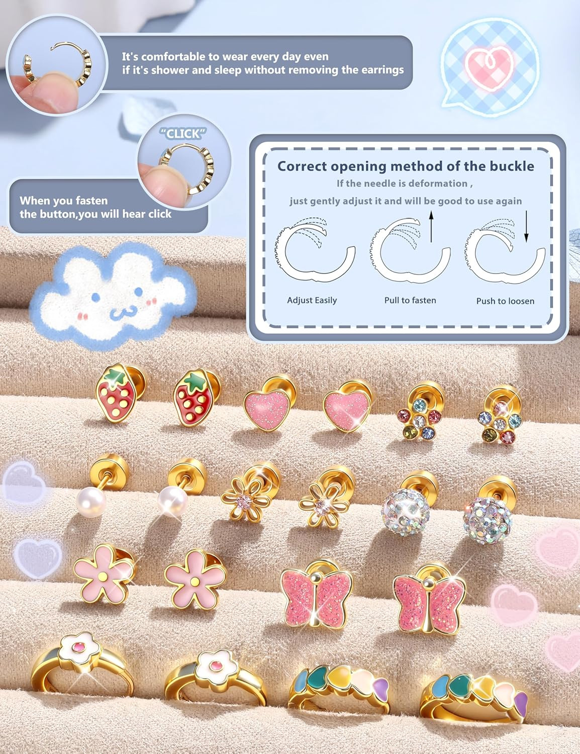 Hypoallergenic Flat Back Earrings Girls Surgical Steel Butterfly Flower Studs
