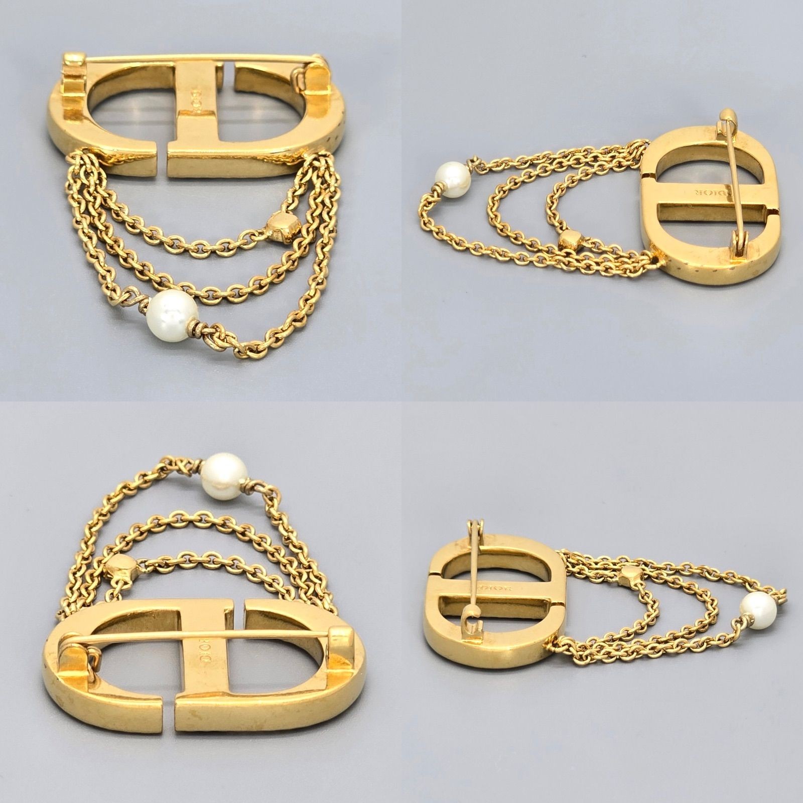 DIOR Petit CD Brooch 5.5 cm Crystal Resin Pearls Gold-tone Metal Drop Chain