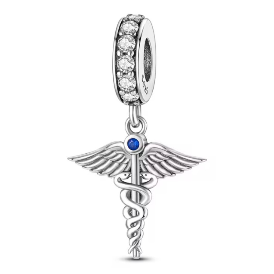 Sterling Silver 925 Signed Medical Caduceus Dangle Bead Charm Clear CZ