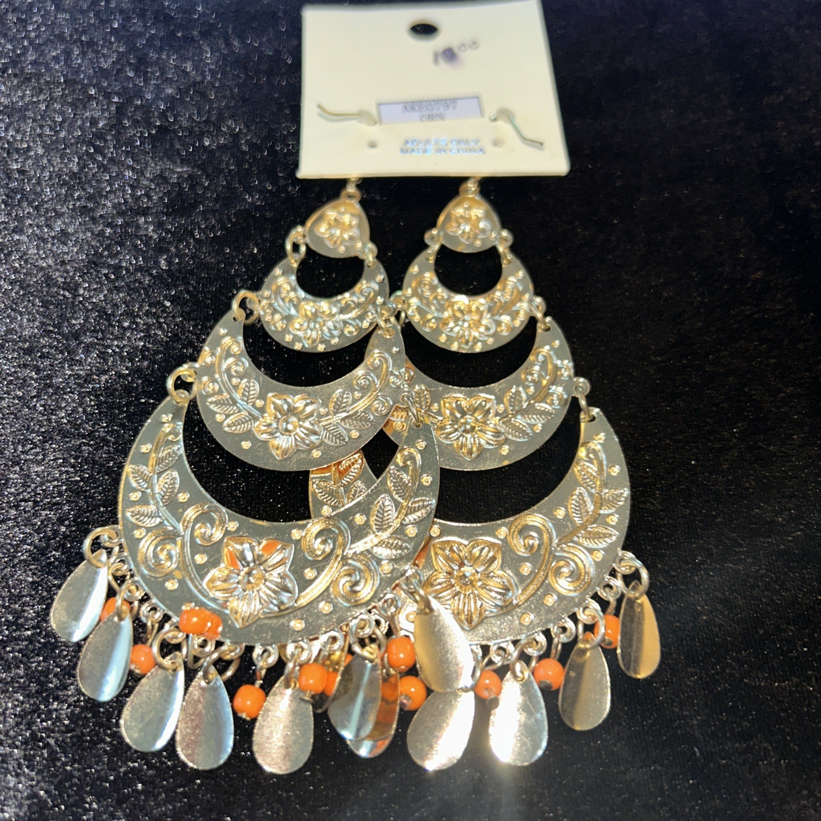 Da Vinci Orange & Gold Orange Beaded Dangle Drop Hook Earrings with Clear Stones
