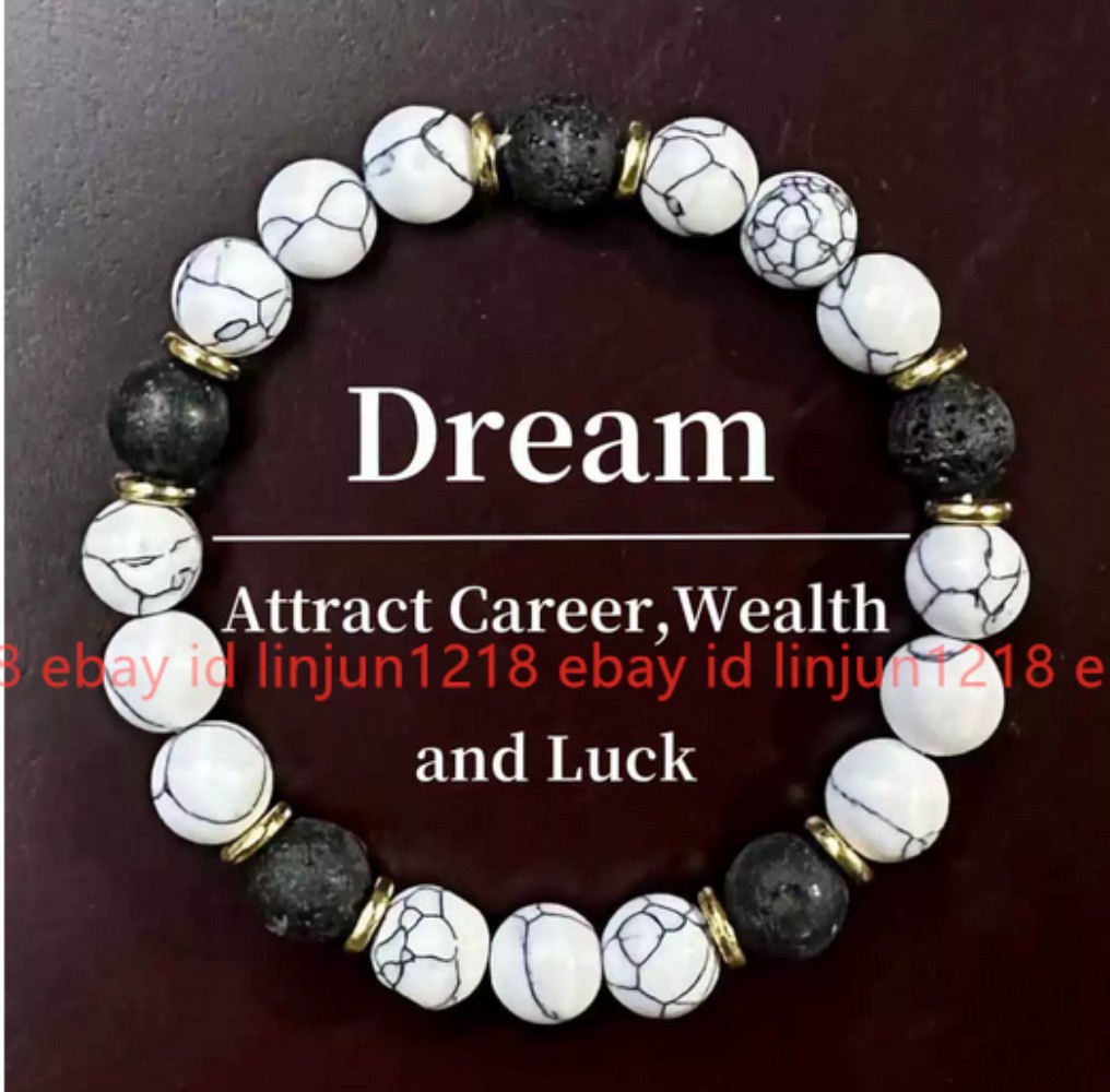 Fashion 8mm White Turquoise Black Lava Round Gemstone Beads Bracelet 7.5in
