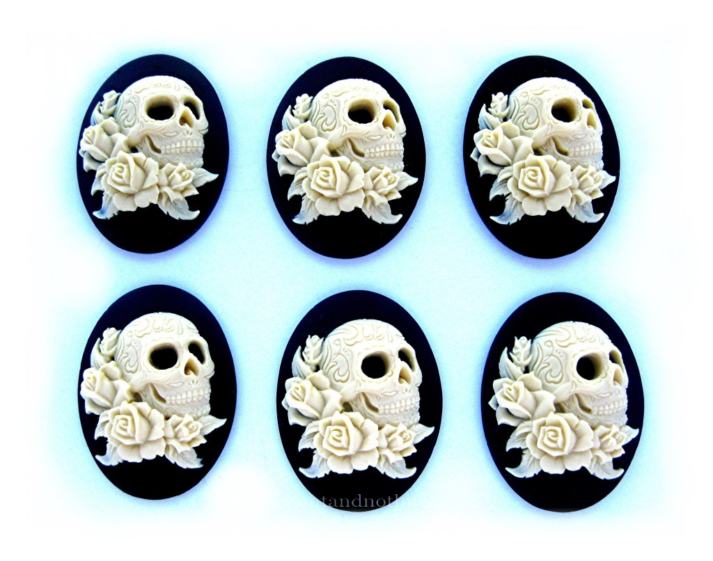 6 Goth Zombie IVORY COLOR SKULL w/ ROSES & TATTOOS on BLACK 25mm x 18mm CAMEOS