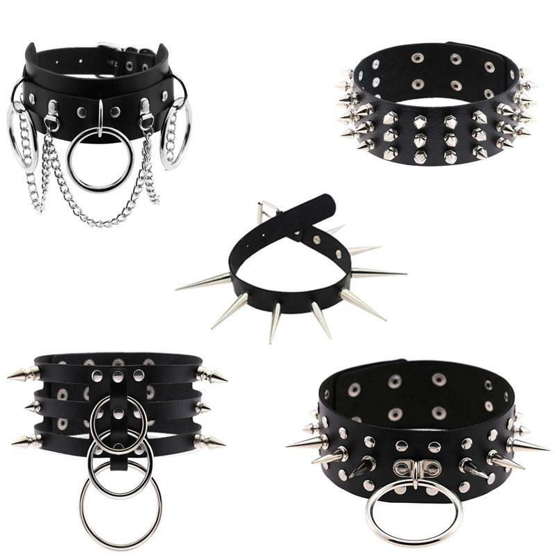 Men Women Gothic Black Leather Chain Leash Choker Necklace Collar Halloween