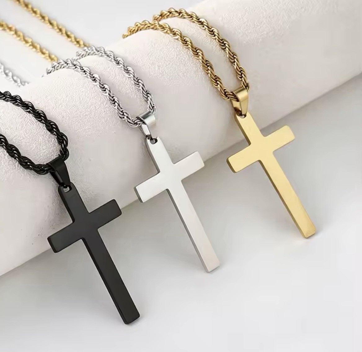 Stainless Steel Cross Pendant Rope Chain Necklace Multicolor Religious Charm