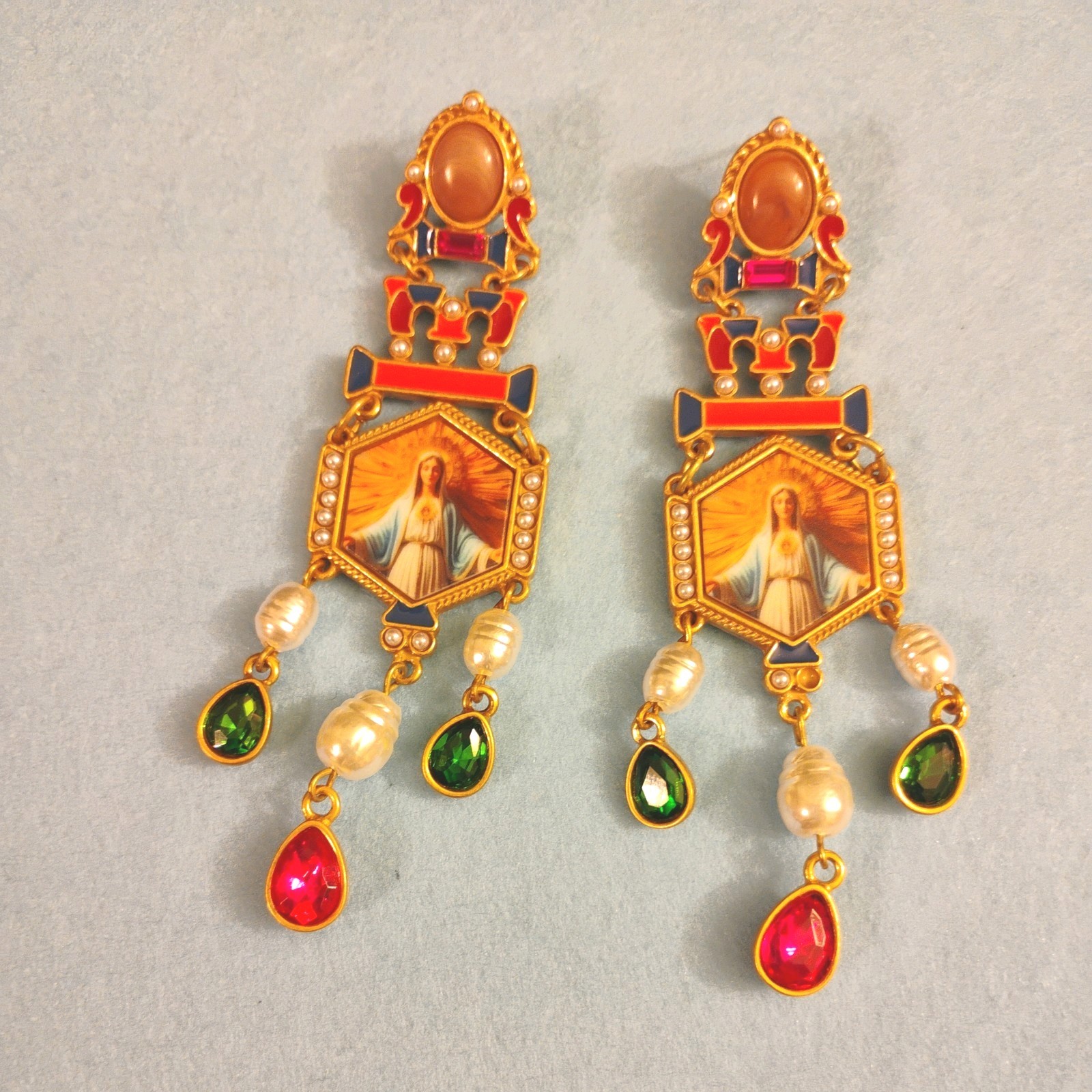 Vintage Virgin Mary Statement Earrings 3 inches long. Very Good Condition