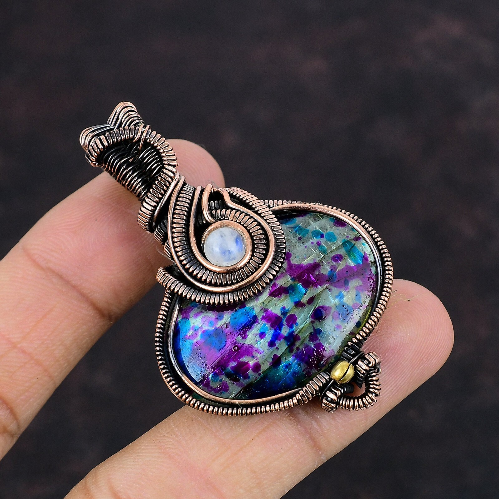 Multi Fire Labradorite Copper Valentine Gift Wire Wrapped Pendant 2.36″