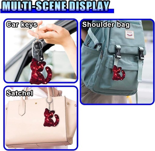 Sparkly Cat Sequin Keychain for Car Keys, Cute Glitter Kitty Keyrin Color: Red