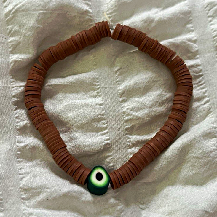 Brown Polymer Clay Round Beaded Stretch Slip-On Bracelet w/ Evil Eye Bead Charm