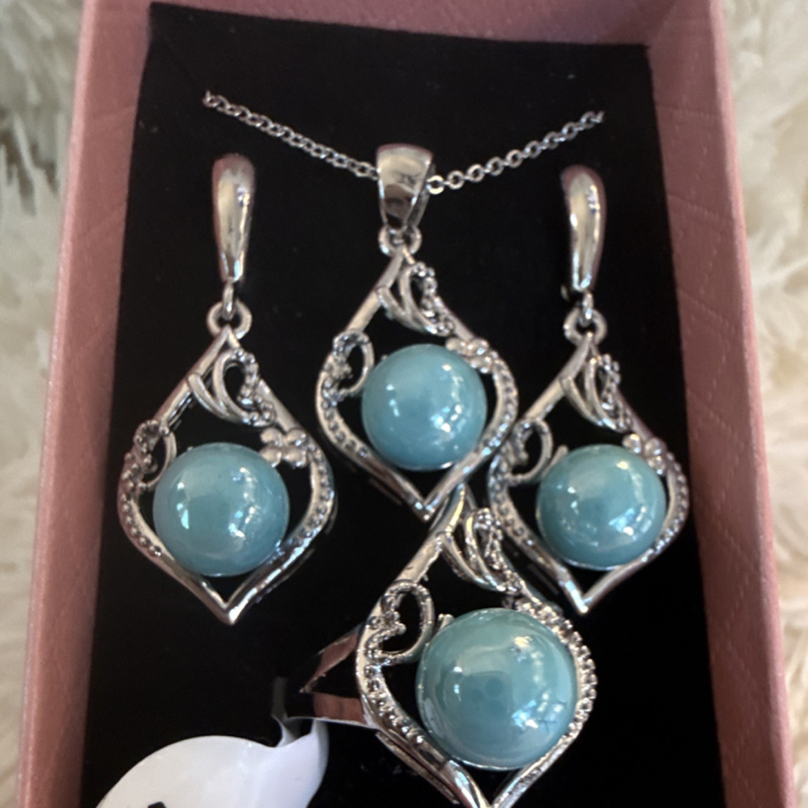 925 Sterling Silver Larimar Blue Topaz Jewelry Set Necklace, Earrings, Ring.