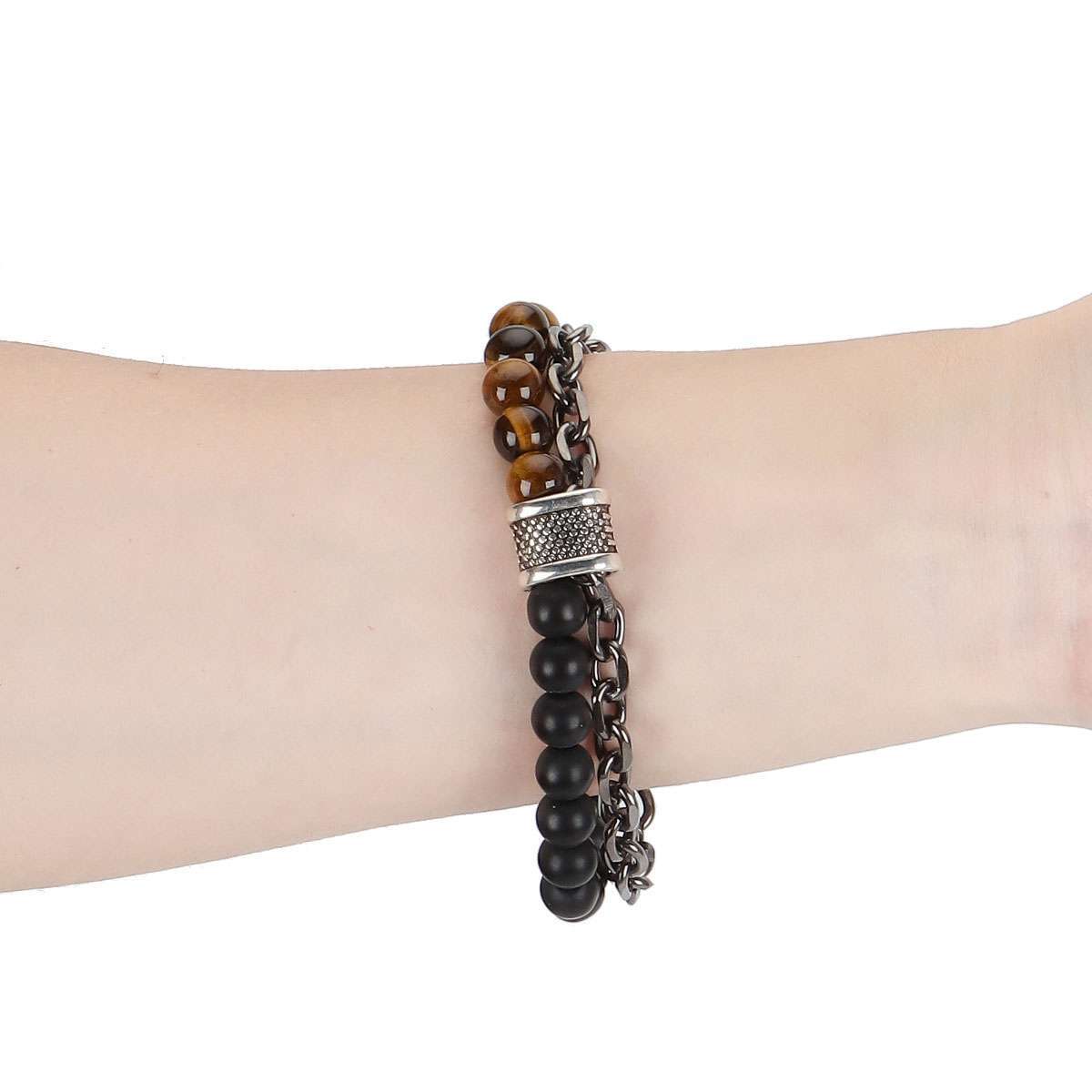 Stainless Steel Bracelets Natural Map Stone Men’s Women Beaded Tiger Eye Jewelry