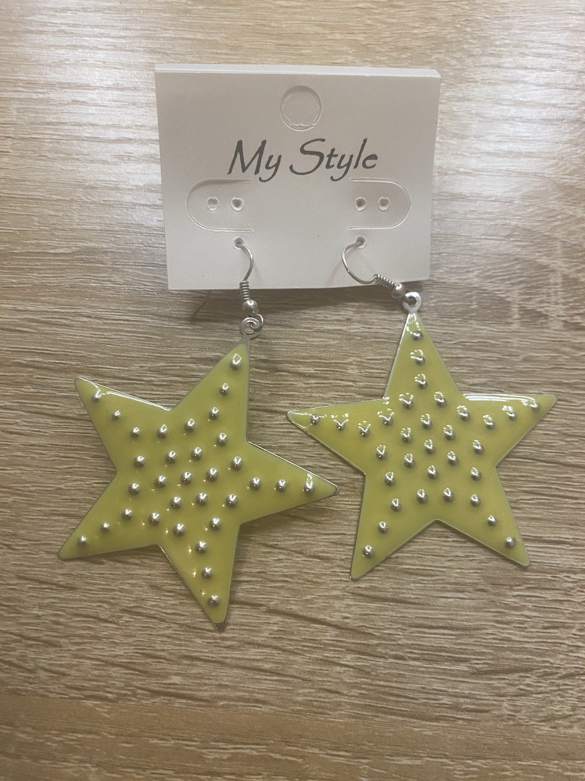Lime Green Star Dangle Drop Earrings Textured Studded Boho Earrings