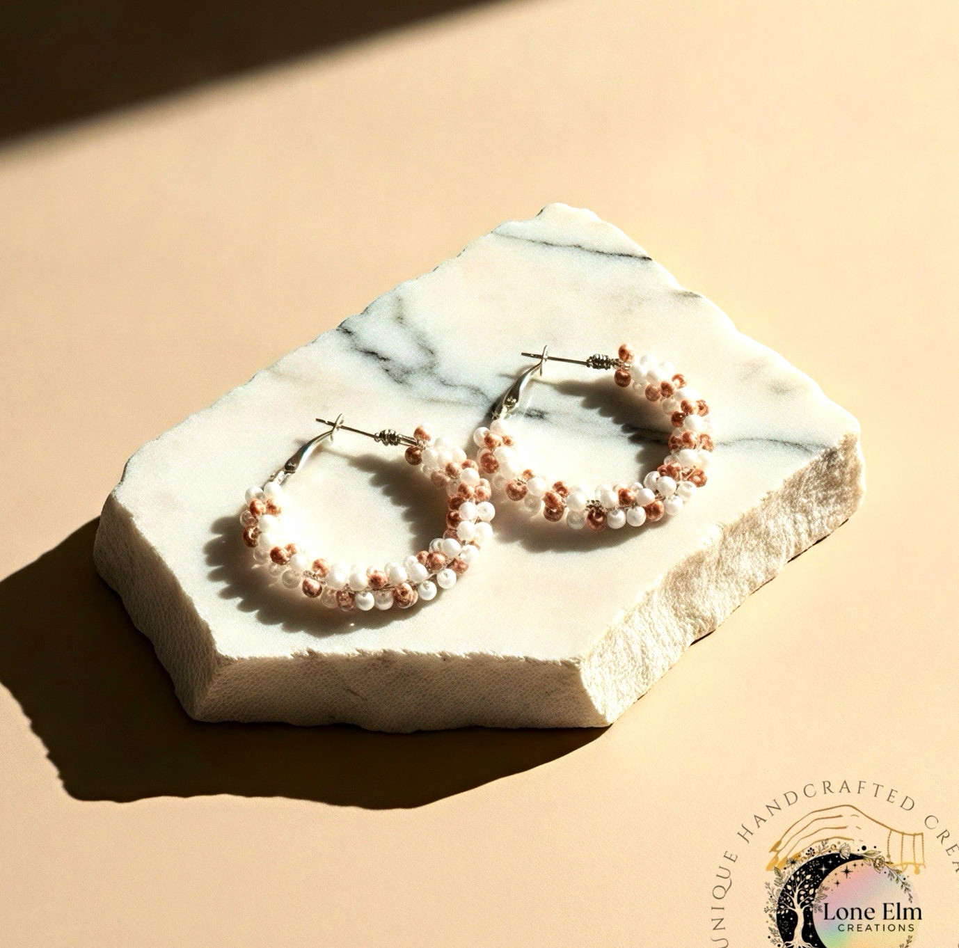 Lone Elm Creations Handmade Pink White Beaded Hoop Earrings Round Bead Hook
