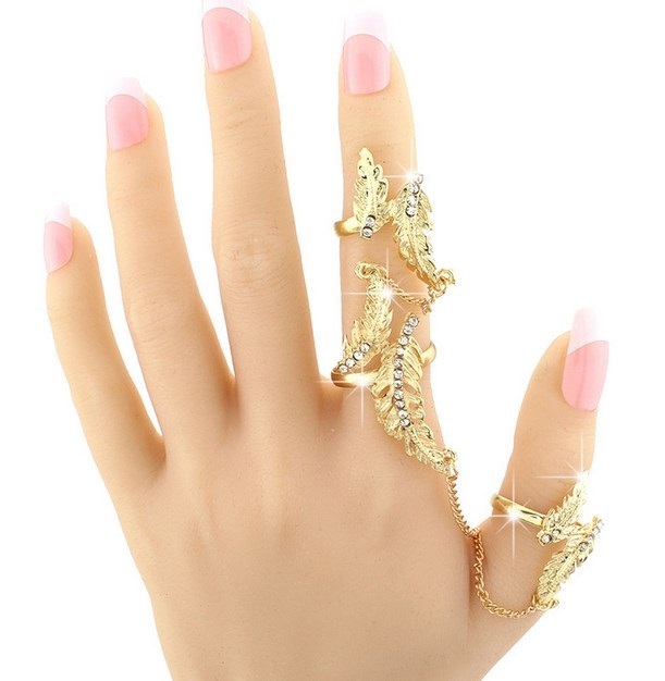 Gold Rhinestone Leaf Feather Slave Chain Link Flexible Joint Rings Gift Party AK