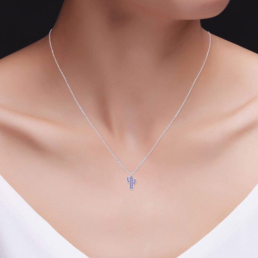 Dainty Mini Cactus Gemstone Necklace w/ Free Chain 14K White Gold Plated