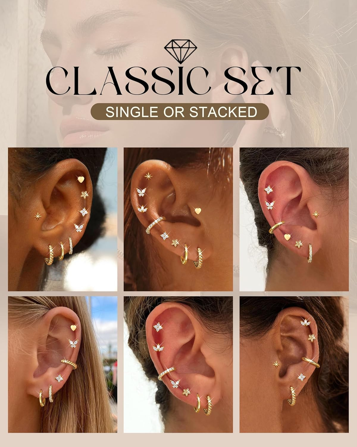 14K Gold Plated Surgical Steel Earrings 9 Pairs Flat Back Earrings Small Cartila