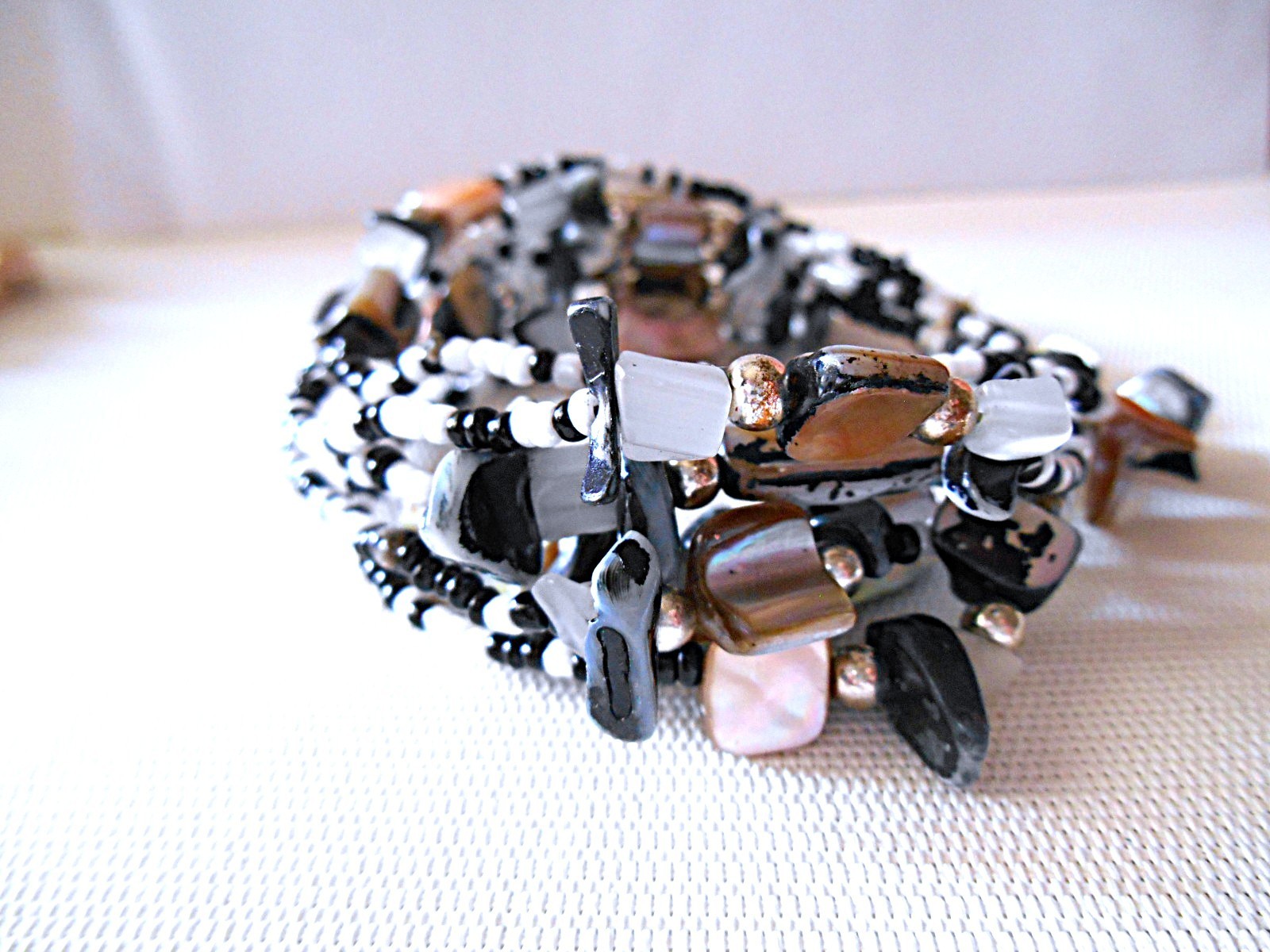 Black / White / Multi-color 6 Strand Beaded Stretch Bracelet