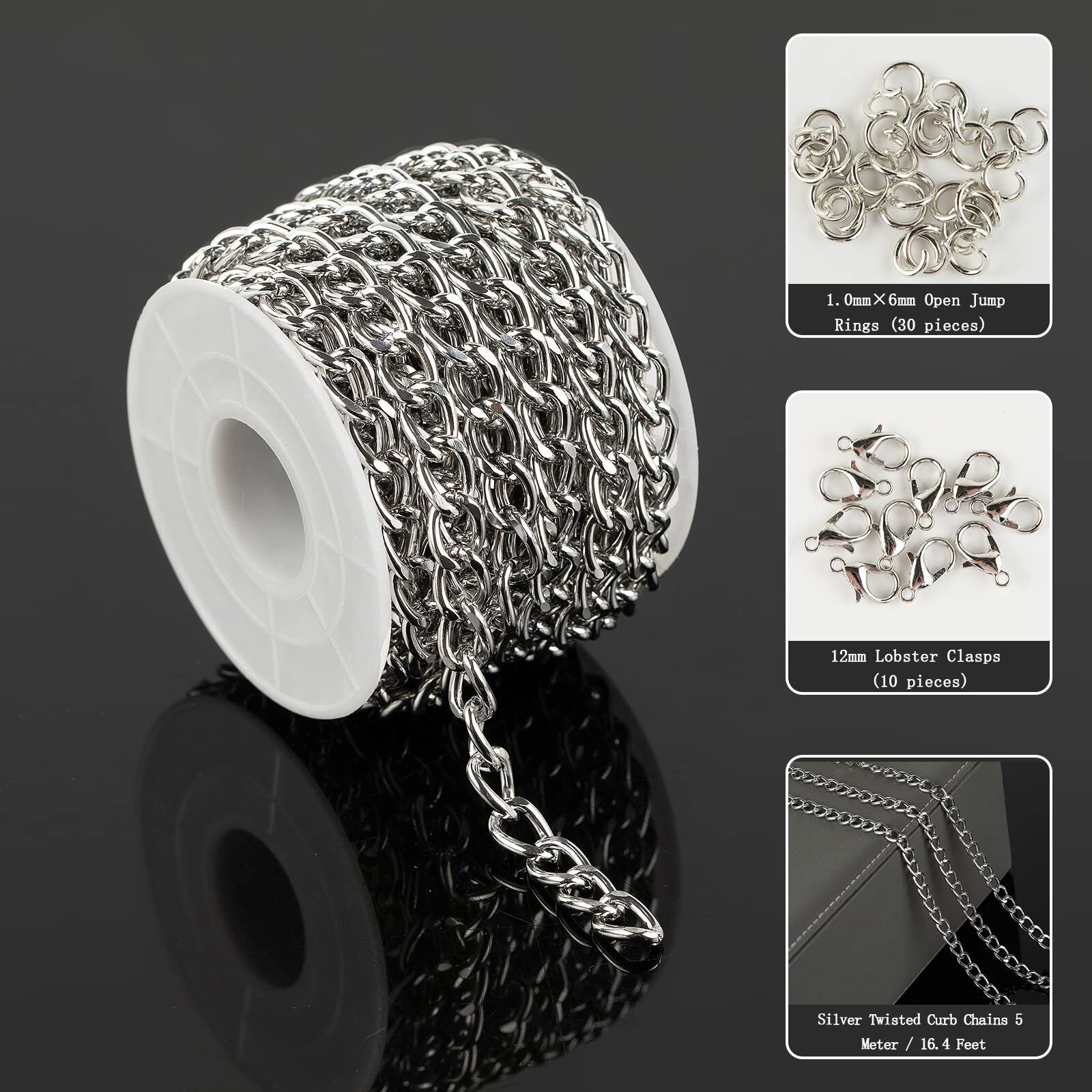16.4 Feet Twisted Curb Chain Links Silver Plated Aluminum Bracelet Necklace C…