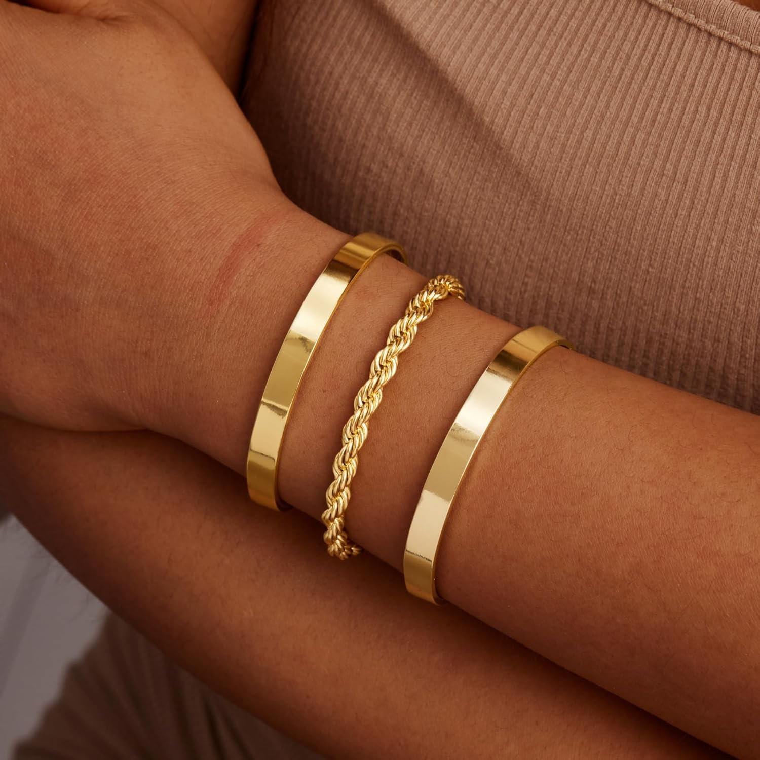 Gold Bracelets for Women Non Tarnish Dainty 14K Gold Plated Bangle Cuff Bracelet